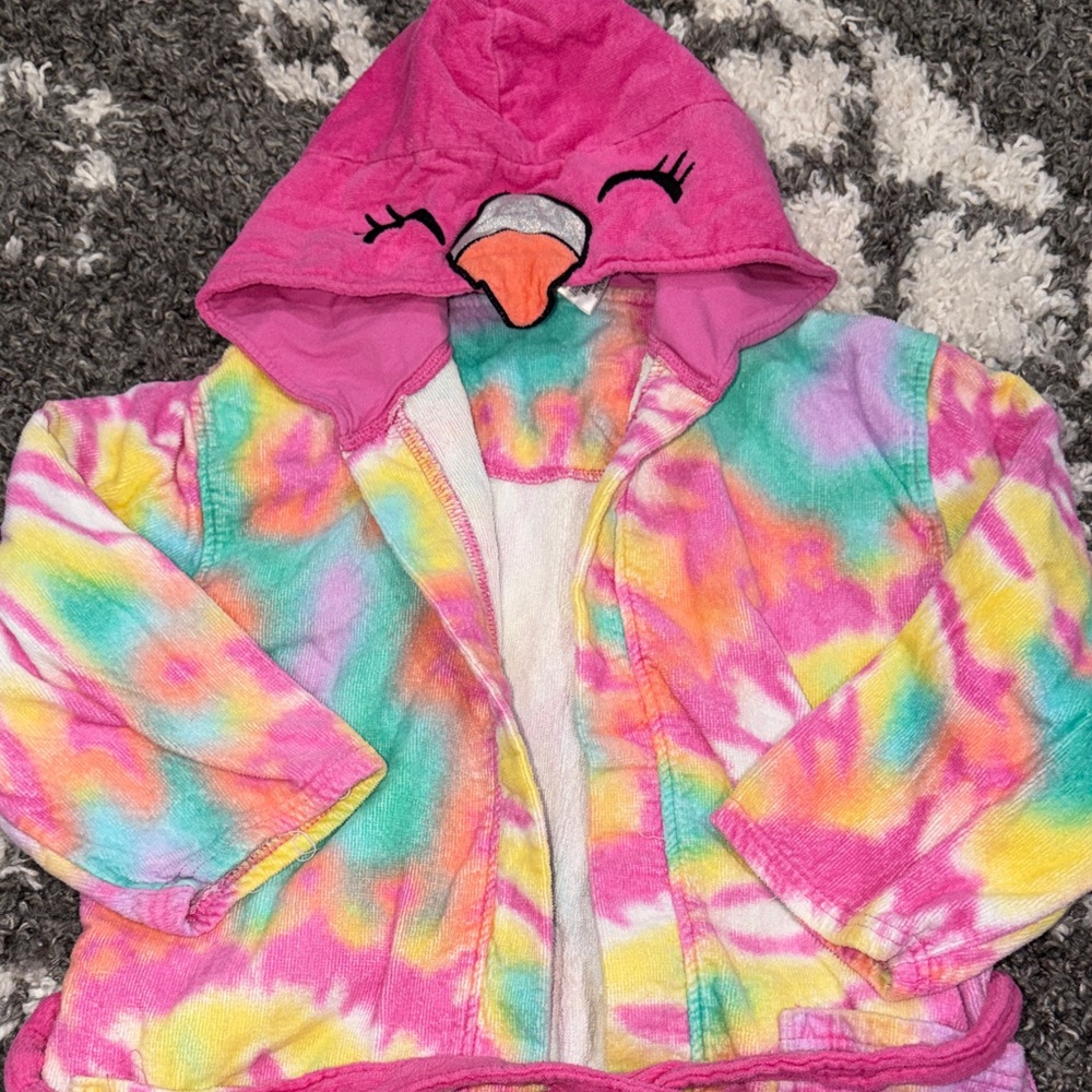 EUC Saint Eve Pink tie dye Flamingo Hooded Bathrobe cotton towel beach cover up - Picture 4 of 6